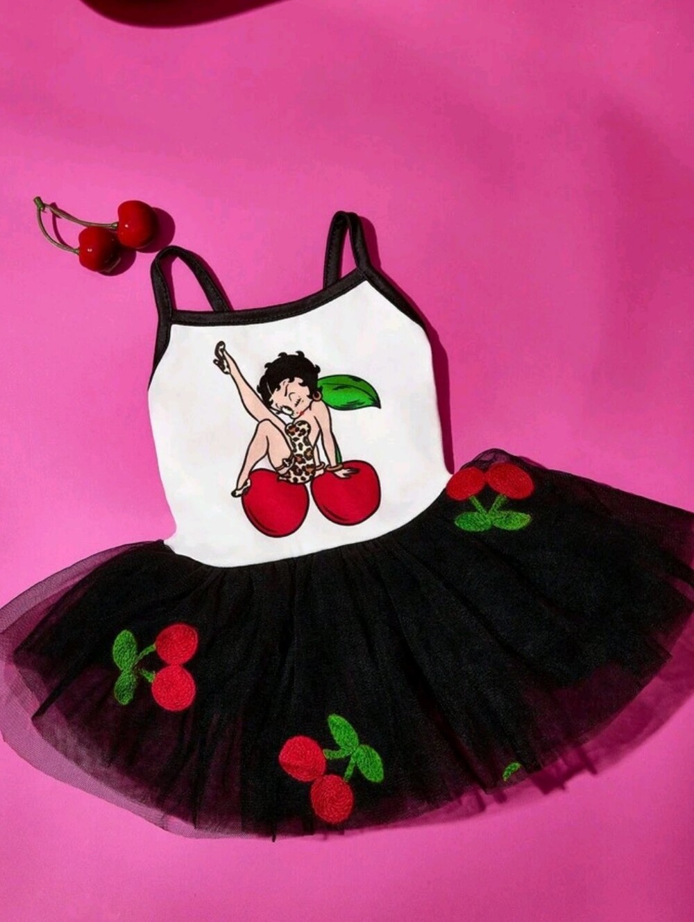 Betty Boop Black Tulle Cherry Dress with White Bodice